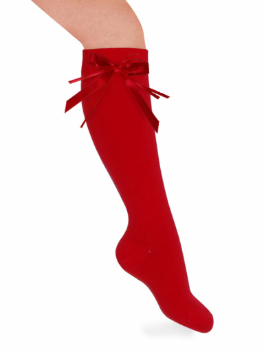 Calcetines altos lisos con lazo de raso fino Rojo Red