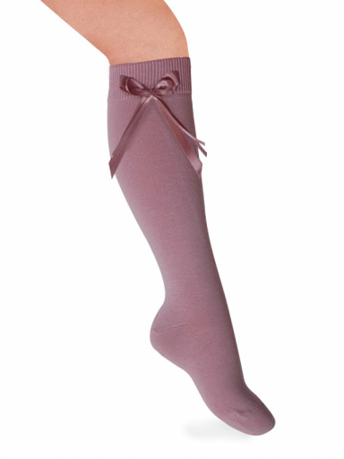 Calcetines altos lisos con lazo de raso fino Rosa Palo Rosewood