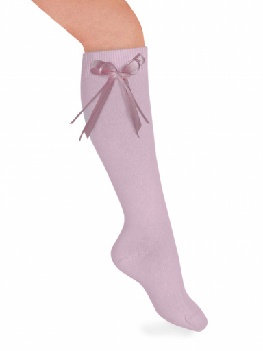 Calcetines altos lisos con lazo de raso fino Rosa Pink