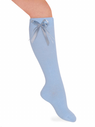 Calcetines altos lisos con lazo de raso fino Azul Bebe Babyblue