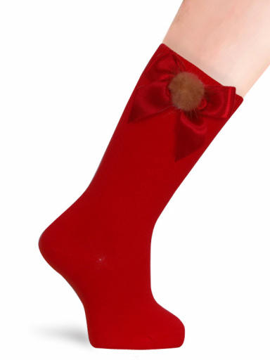 Calcetines altos lisos con lazo de raso y pompón Rojo Red