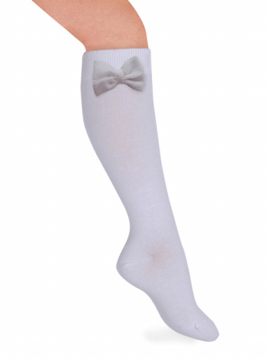 Calcetines altos lisos con lazo de terciopelo Blanco White