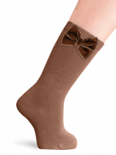 Calcetines altos lisos con lazo de terciopelo Camel