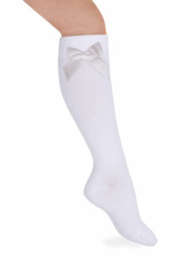 Calcetines altos lisos con lazo de terciopelo largo Blanco White