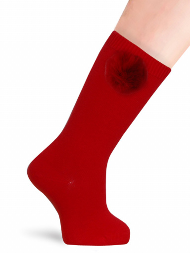 Calcetines altos lisos con pompón Rojo Red
