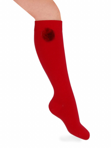 Calcetines altos lisos con pompón Rojo Red