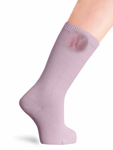Calcetines altos lisos con pompón Rosa Pink