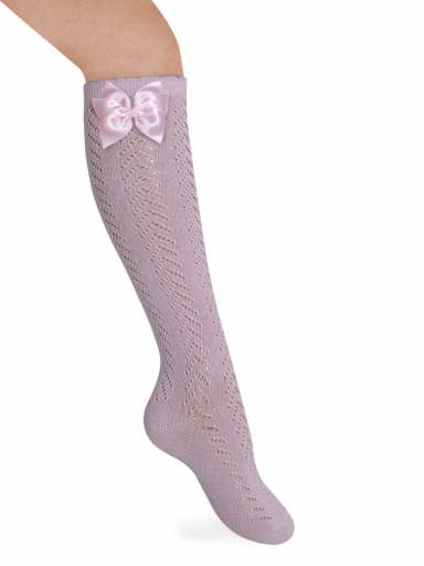 Calcetines altos perlé calado con lazo de raso triple Rosa Pink