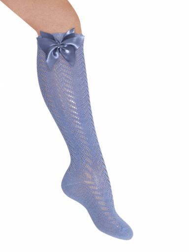 Calcetines altos perlé calado con lazo de raso triple Azul Suave Softblue