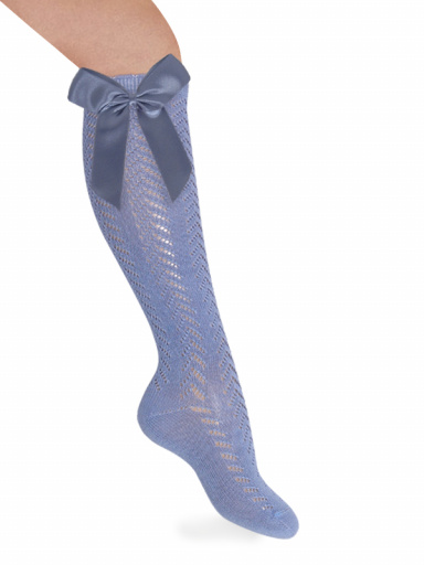 Calcetines altos perlé calado con lazo largo Azul Suave Softblue