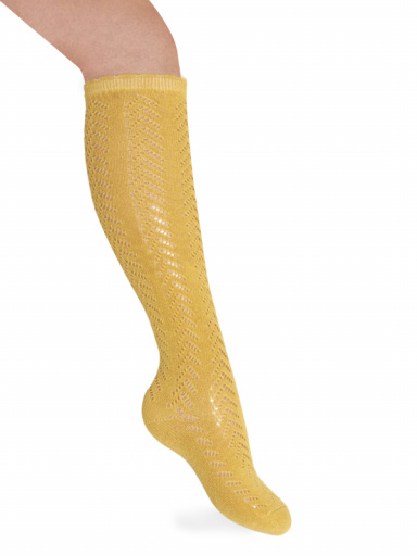 Calcetines altos perlé calado en espiga Mostaza Mustard