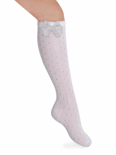 Calcetines altos perle calado plumeti con lazo de raso doble Blanco White