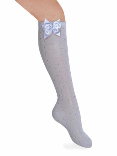 Calcetines altos perlé calado plumeti con lazo de raso triple Azul Bebe Babyblue