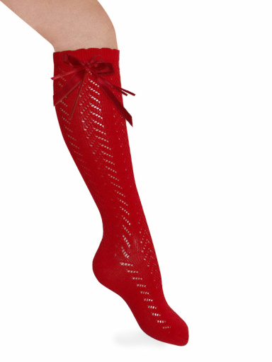 Calcetines altos perlé calados con lazo de raso largo Rojo Red