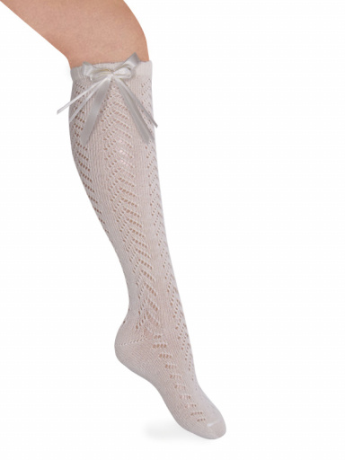 Calcetines altos perlé calados con lazo de raso largo Marfil Ivory
