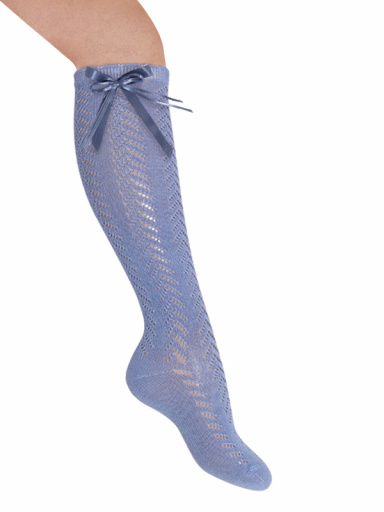 Calcetines altos perlé calados con lazo de raso largo Azul Suave Softblue
