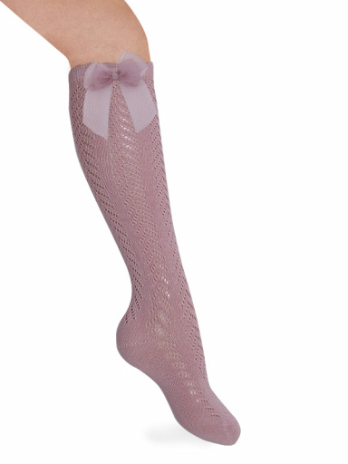 Calcetines altos perlé calados con lazo de tul Rosa Palo Rosewood
