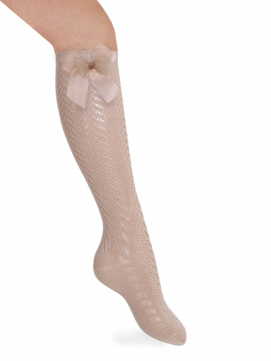 Calcetines altos perlé calados con lazo de tul Haya Peanut