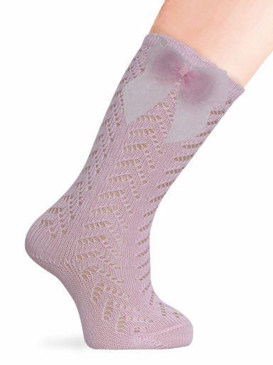 Calcetines altos perlé calados con lazo de tul Rosa Pink