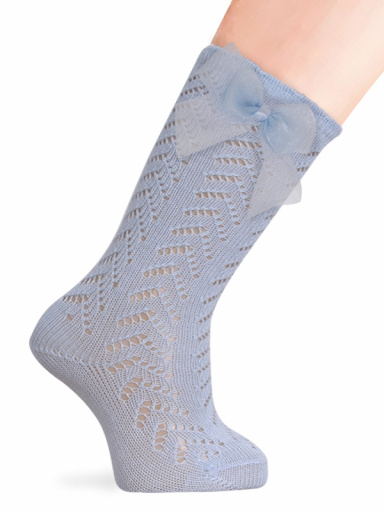 Calcetines altos perlé calados con lazo de tul Azul Bebe Babyblue