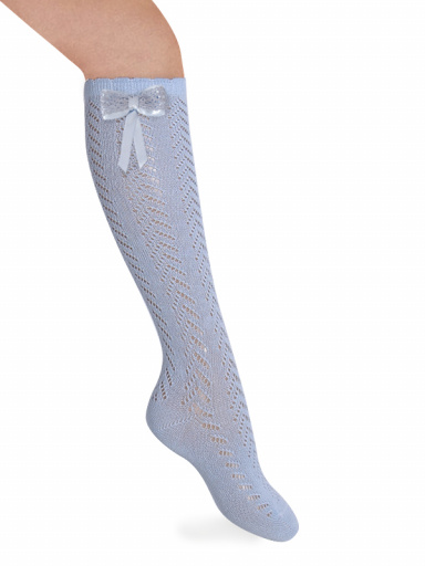 Calcetines altos perlé calados con lazo encaje Azul Bebe Babyblue