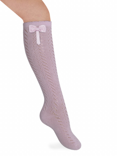 Calcetines altos perlé calados con lazo encaje Rosa Pink