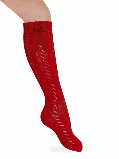 Calcetines altos perlé calados con lazo largo Rojo Red
