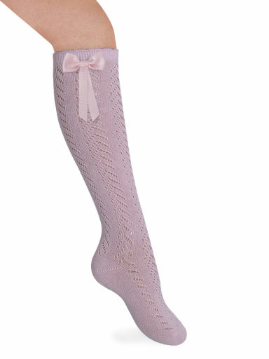 Calcetines altos perlé calados con lazo largo Rosa Pink