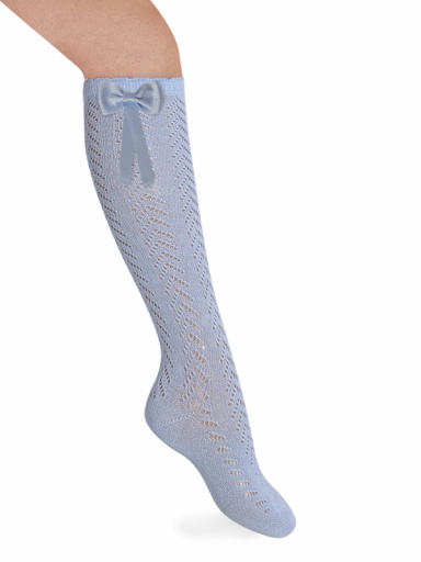 Calcetines altos perlé calados con lazo largo Azul Bebe Babyblue