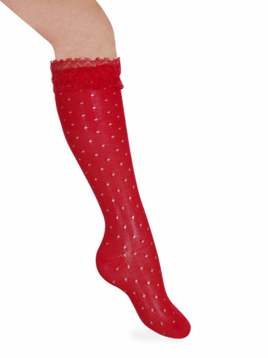 Calcetines altos perlé calados con puntilla Rojo Red