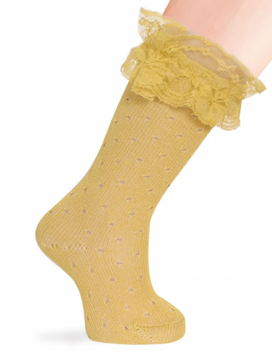 Calcetines altos perlé calados con puntilla Mostaza Mustard