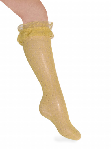 Calcetines altos perlé calados con puntilla Mostaza Mustard