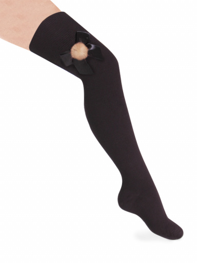Calcetines altos sobre rodilla con lazo y pompón Negro Black
