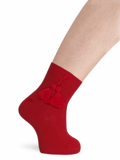 Calcetines cortos canalé con borlas Rojo Red