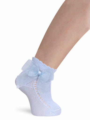 Calcetines cortos perlé calados con lazo de tul Azul Bebe Babyblue