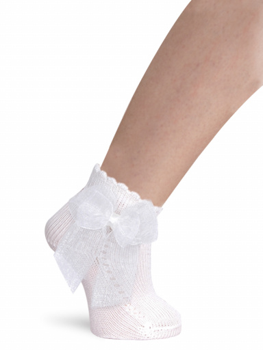 Calcetines cortos perlé calados con lazo de tul Blanco White