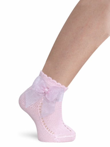 Calcetines cortos perlé calados con lazo de tul Rosa Pink
