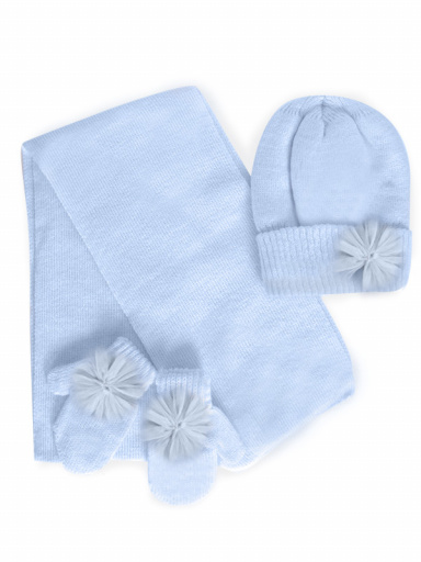 Gorro, bufanda y guantes con flor de tul (1-2 años) Celeste Lightblue