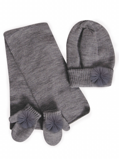 Gorro, bufanda y guantes con flor de tul (1-2 años) Gris Grey