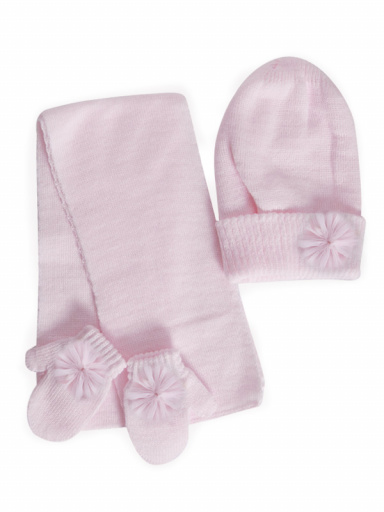 Gorro, bufanda y guantes con flor de tul (1-2 años) Rosa Pink