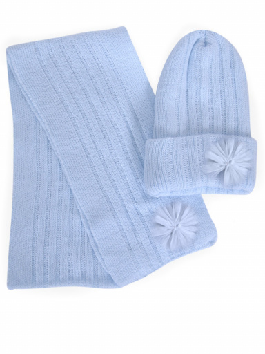 Gorro y bufanda canalé con flor de tul Celeste Lightblue