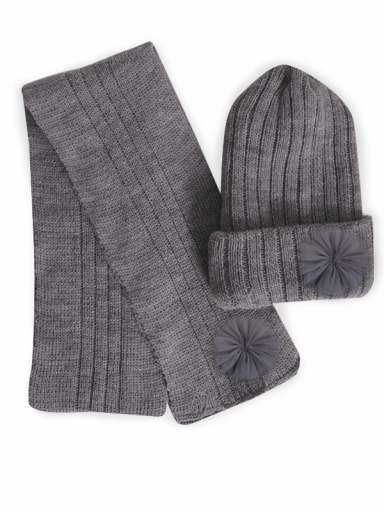 Gorro y bufanda canalé con flor de tul Gris Grey