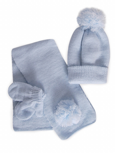 Gorro, bufanda y guantes con pompón hilo (1-2 años) Celeste Lightblue