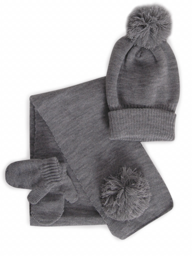 Gorro, bufanda y guantes con pompón hilo (1-2 años) Gris Grey