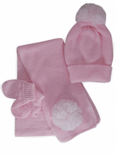 Gorro, bufanda y guantes con pompón hilo (1-2 años) Rosa Pink