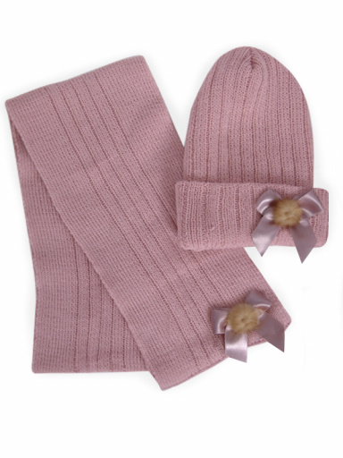 Gorro y bufanda canalé con lazo y pompón (3-8 años) Rosa Palo Rosewood