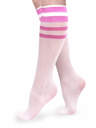 Calcetines altos de media con rayas Blanco-Rosa White-Pink
