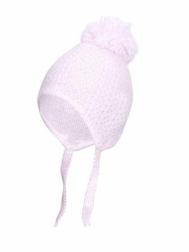 Gorro bebé calado con orejeras y pompón (0-12 meses) Rosa Pink