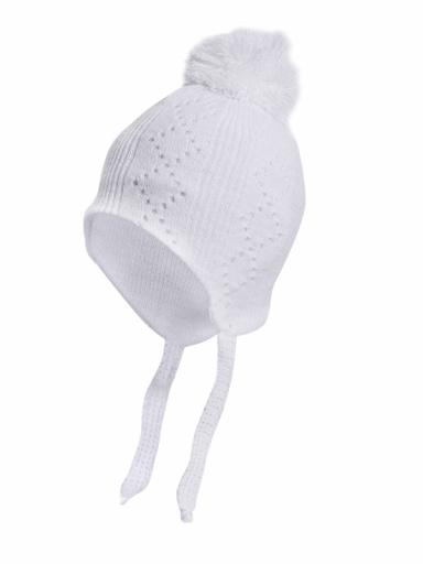 Gorro bebé calado rombos con orejeras y pompón (0-12 meses) Blanco White