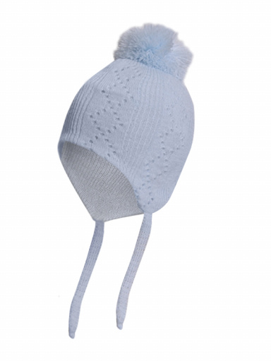 Gorro bebé calado rombos con orejeras y pompón (0-12 meses) Celeste Lightblue